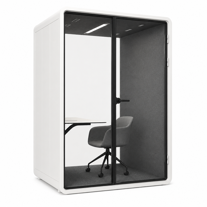 FocusPod Solo Plus product render with optional desk and swivel chair